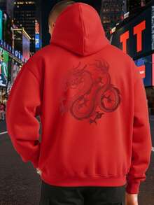 Moletom Canguru Unissex Dragão Oriental Estampa Grande Streetwear Urbano Premium Flanelado Inverno Casual Confortável - Vermelho - Visão 1