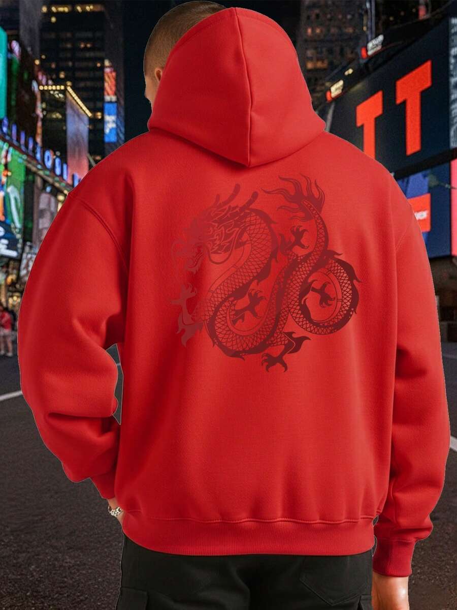 Moletom Canguru Unissex Dragão Oriental Estampa Grande Streetwear Urbano Premium Flanelado Inverno Casual Confortável - Vermelho - Visão 1