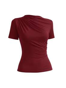 Women's High Neck Draped Pleated Blouse, Casual, Everyday, Summer - Gỗ đỏ - Xem 2