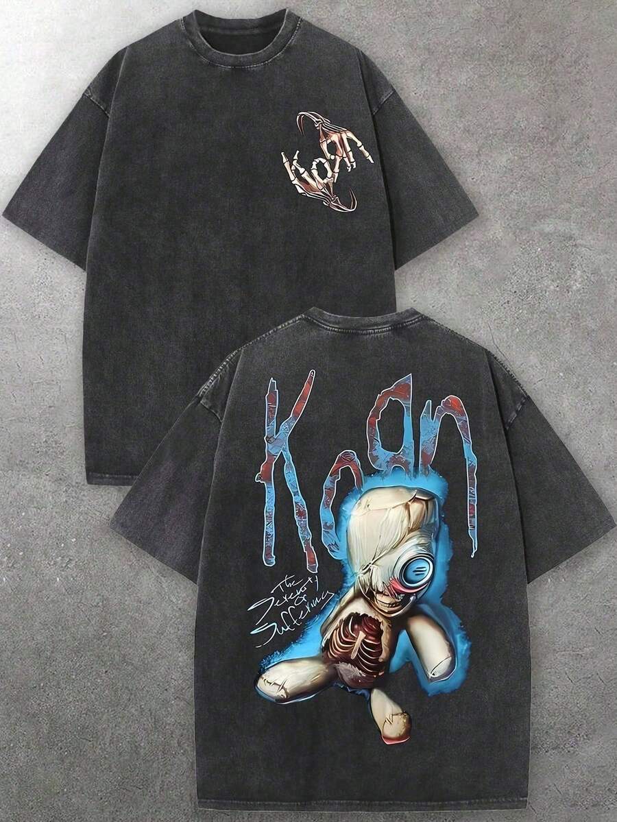 Korn Nu-Metal Doll Graphic Men's Crew Neck Short Sleeve T-Shirt - Soft Washed Fabric For Daily Casual Outfits | Mens Graphic Tee Street Fashion Gifts For Men Hombres - 黑色 - 查看 1