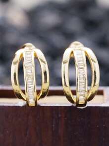 1 Pair Women's Charming Cubic Zirconia Hoop Earrings, Suitable For Wedding, Engagement, Anniversary, Party Wear, Valentine's Day Gift - Yellow Gold - View 10