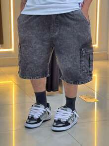 Men's Cargo Bermuda Shorts, Stonewashed Denim, Baggy Streetwear, Loose Casual Style With Large Pockets, Spring/Summer, Loose Drawstring, Christmas, Halloween, Valentine's Day, Spring Festival, Independence Day - 黑色 - 查看 4