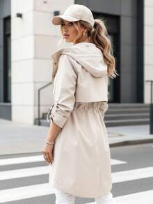 女士連帽換季派克大衣，休閒外套，長度至大腿中部，拉鍊和按扣設計，腰部可調節，直筒剪裁，帶口袋的都市外套，輕便的女士換季服裝 - 米色 - 查看 3