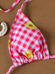 Novo conjunto de biquíni xadrez vermelho e branco para mulheres, casual, sexy, para praia, encontros e festas, primavera/verão. - Multicolorido - Ver 4