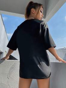 Women's Oversized T-Shirt, 100% Cotton, Cloud Dancer Color, Shirt, Blouse, Gym/Fitness - Black - View 3