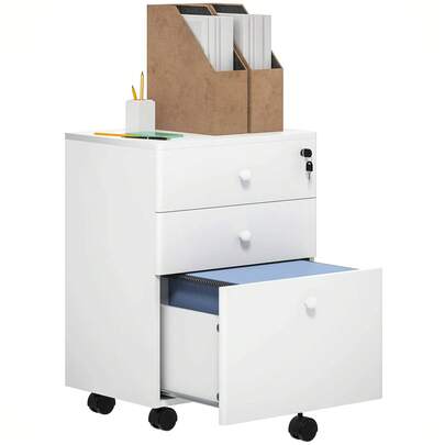 3-Drawer Lockable File Cabinet On Wheels, Compact Vertical Filing Cabinet With Locking Casters, Mobile Office Storage Organizer For A4/Letter Documents, Under Desk Printer Stand, White