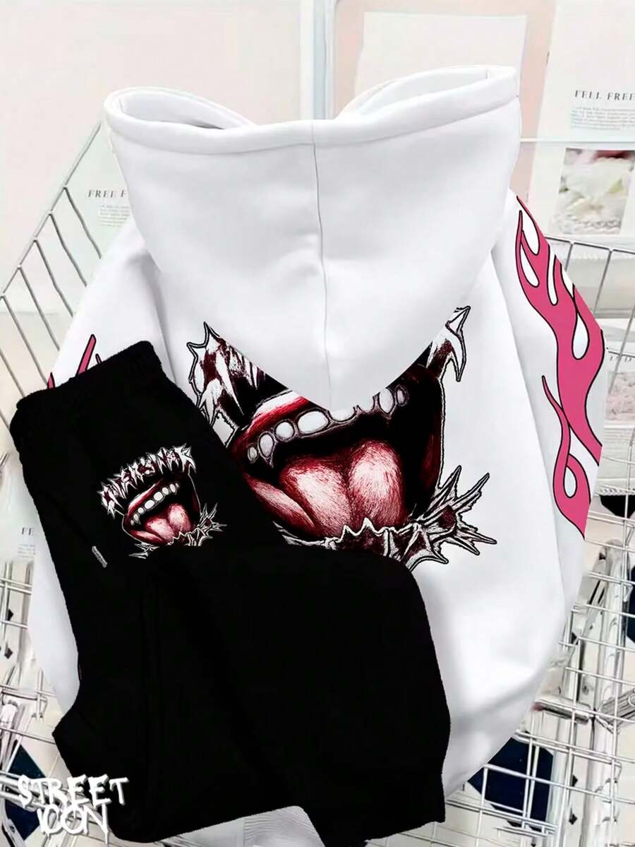 Hoodie And Pants Set Streetwear Mouth Tongue Street Fashion Urban Culture Skaters Unisex 100% Cotton Premium Top Streetwear New Release Immediate Shipping Various Colors!! - 黑白 - 查看 1