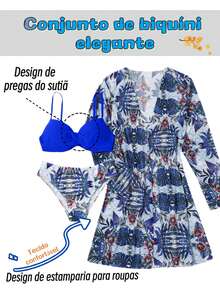 3-Piece Bikini Swimsuit Set With Positioning Print, Beachwear And Women's Vacation Fashion - 藍色1 - 查看 6