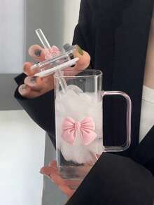 1 pieza Taza de vidrio cuadrada minimalista de lujo con pajita, asa con lazo, resistente al calor, capacidad de 400ml, apta para uso doméstico, restaurante, cocina, puede contener leche, café, jugo - Multicolor - Ver 4