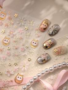 1个可爱招财猫粉色樱花金色印花3D果冻自粘美甲贴纸樱花春季美甲贴花 - 彩色 - 查看 7