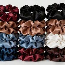 14pcs/7pcs/6pcs Random Dark-Tone Satin Scrunchie Set, Suitable For Ponytail, Bun And Various Hairstyles, Versatile Satin Scrunchies With Rhinestones - Multicolor - View 4