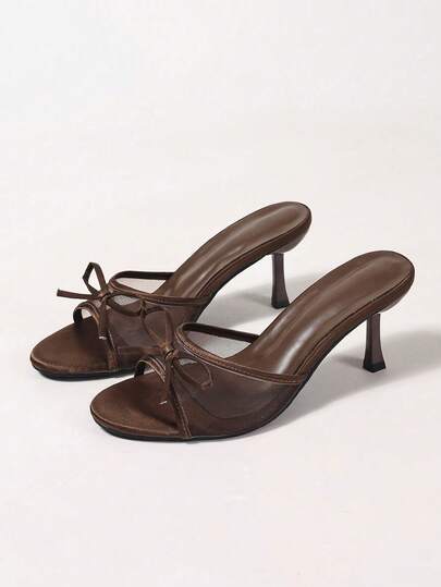 Women's Breathable Mesh Open Toe High Heel Sandals, Bowknot Decor, Versatile Minimalist Style Summer New Arrival