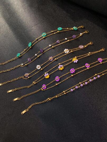 1pc Purple Cute Beaded Floral Design Stainless Steel Double-Layer Bracelet, Minimalist Dopamine Color Jewelry