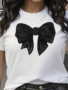 Women's T-Shirt With "Bow" Print, 100% Cotton, Spring/Summer Fashion - Short Sleeve Blouse With Round Neck - 白色 - 查看 2