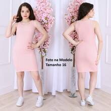 Kit com 3 Vestido Casual Versátil de Malha com Decote Redondo sem Mangas e Ajustado Infantil e Juvenil Midi Para Meninas e Adolescentes Jovens Teen Moda Primavera Verão Tecido Canelado Premium VINF446 - Preto, Nude e Rosa Bebê - Visão 3