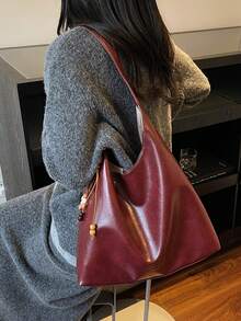 Bolso de mano de unicolor de moda 2026, bolso de diseño de nicho minimalista para llevar debajo del brazo, bolso de hombro de gran capacidad (sin colgante) - Rojo - Ver 5