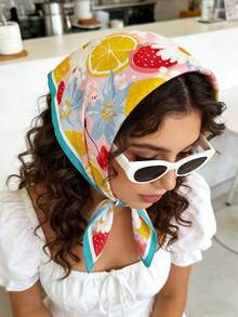 1 pieza Nuevo pañuelo de seda de 70 cm para mujer, estampado floral de limón, accesorio versátil, adecuado para uso diario en todas las estaciones - Multicolor - Ver 10
