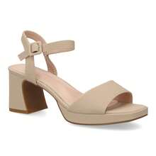 shoes&blues.es Sandalia de tacón ancho con plataforma para mujer, tacón y altura cómodos,  estructura de tira frontal y cierre con pulsera ajustable de hebilla en el tobillo. Ideal para eventos - Beis - Ver 3