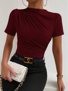 Women's High Neck Draped Pleated Blouse, Casual, Everyday, Summer - Gỗ đỏ - Xem 10