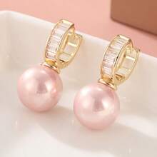 Elegant Hoop Earrings, Copper Jewelry With Pink Faux Pearl Design, Minimalist Chic Style Suitable For Women's Parties And Dates - Gold - View 7