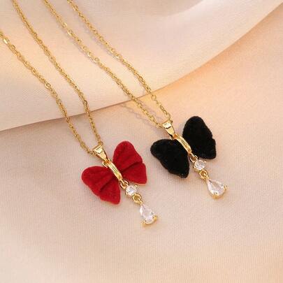 Titanium Steel Gold Tassel Bow Tie Necklace, Luxury Elegant Jewelry, Suitable For Weddings, Gifts For Lovers, And Daily Wear