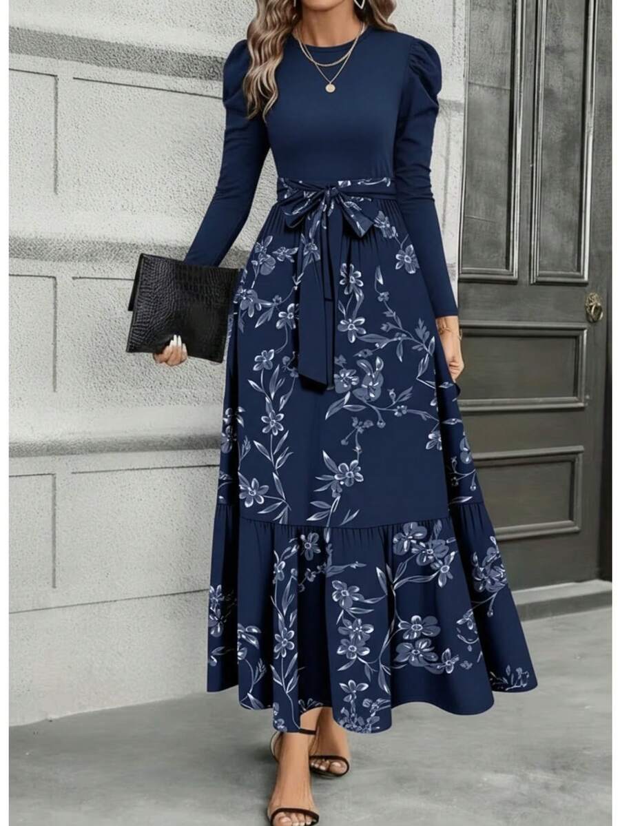 Abito elegante e casual da tutti i giorni, con stampa floreale, patchwork, in tessuto lavorato a maglia, con zip in vita, adatto per l'ufficio, la primavera, l'autunno e le vacanze