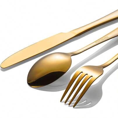 100 piezas Juego de cubiertos dorados - Juego de cubiertos de acero inoxidable con acabado espejo dorado que incluye tenedores, cucharas y cuchillos, adecuado para uso doméstico, bodas y restaurantes, apto para lavavajillas: Juego de cubiertos