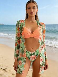 3-Piece Bikini Swimsuit Set With Positioning Print, Beachwear And Women's Vacation Fashion - Naranja 1 - Ver 6