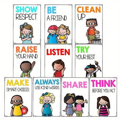 10 A4 Children's Classroom Rules Posters - Colorful And Motivating School Behavior Charts Including Phrases On Respect, Keeping Tidy, Raising Hands To Speak, And Listening; Cute Doodle Illustrations And Positive Affirmation Words - Teacher Supplies Suitable For Kindergarten, Preschool, And Elementary School Decorations, Learning Environment Design, Eye-Catching Colors, Multi-Layer Lamination Options, Educational Decorations.