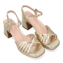 shoes&blues.es Sandalia de tacón ancho con plataforma para mujer, tacón y altura cómodos,  estructura de multi tira y cierre con pulsera ajustable de hebilla en el tobillo. Ideal para eventos - Dorado - Ver 6