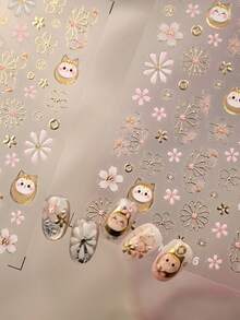 1个可爱招财猫粉色樱花金色印花3D果冻自粘美甲贴纸樱花春季美甲贴花 - 彩色 - 查看 3