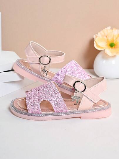 1 Pair New Pink Summer Girls Fashion Flat Sandals, Soft Sole Children Princess Shoes With Flower, Crystal Glitter Beach Sandals, Pearl Decor, Suitable For Daily Outdoor Wear