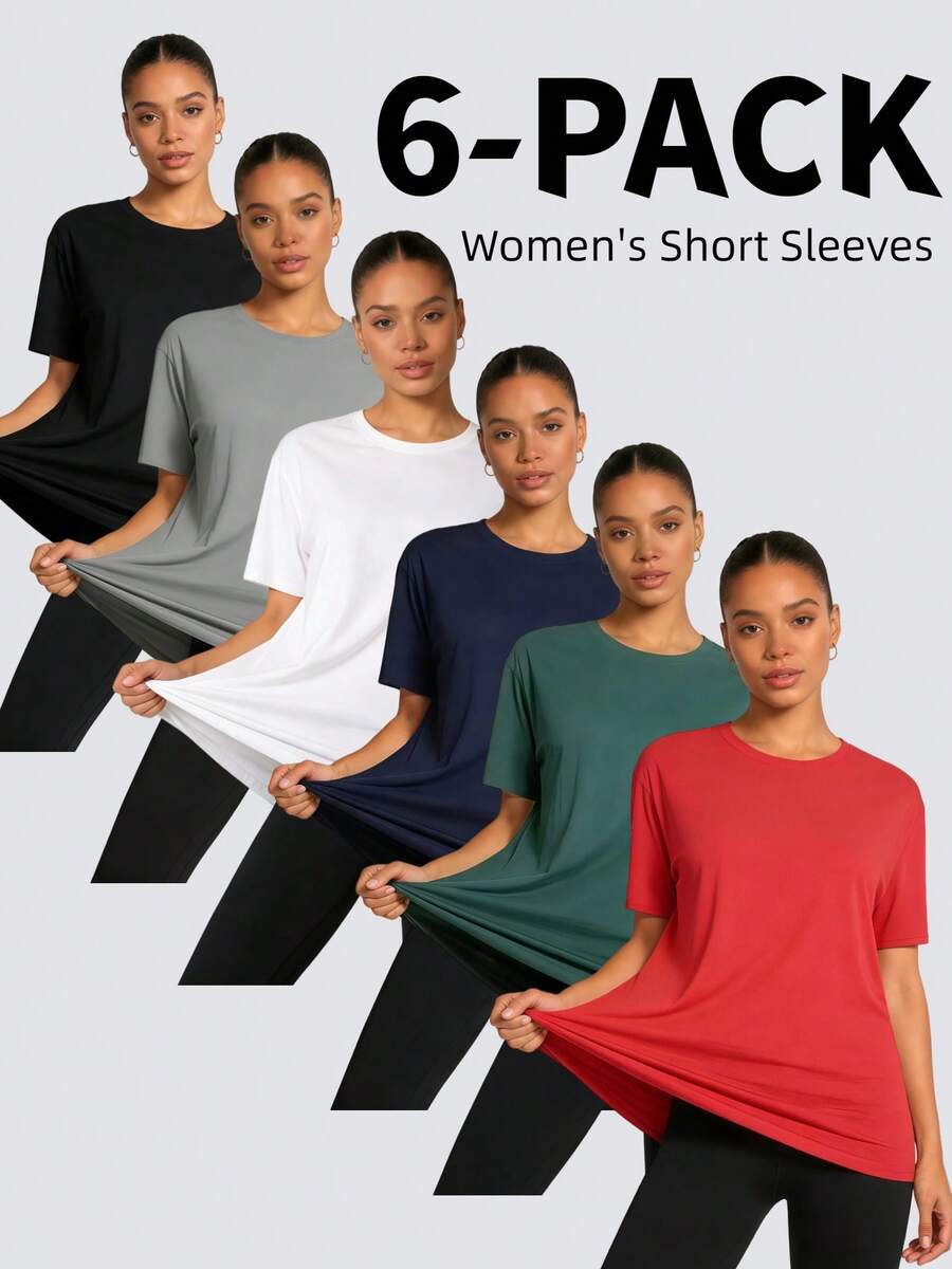 OKP 6 Pieces Of Large-Sized Multi-Color T-Shirts For Girls, Sporty And Casual Women'S Wear, With A Simple And Elegant Style. Suitable For Daily Exercise, Running, Cycling, Can Also Be Used As Pajamas,Large-Sized Clothing. - 彩色 - 查看 1