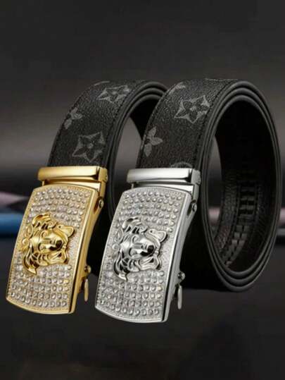 MMJ Finswift 1pc Men's Business Automatic Buckle Belt, Decorated With Rhinestones, Fashion Casual Versatile Belt For Jeans And Trousers, Suitable For Middle-Aged And Young Adults In All Seasons