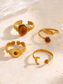 4pcs Stainless Steel Moon, Leaf, Oval Tiger Eye Stone Rings Set, Suitable For Women's Daily And Party Wear - Multicolor - View 2