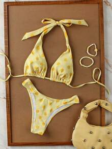 Nuovo set bikini da donna con stampa a pois gialli, stile fascia, sexy, casual ed elegante, adatto per spiaggia, vacanze primaverili/estive - Multicolore - Visualizzare 3