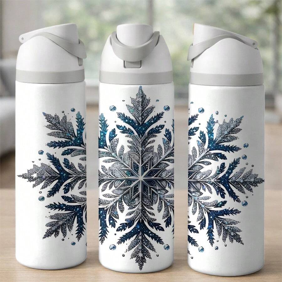 24 Oz Insulated Water Bottlea Elegant Silver Blue Snowflake Winter Tumbler Wrap Design For Women And Men Artistic Frozen Crystal Pattern Perfect Christmas Birthday Holiday Gift For Cold Season Snowy Forest Nature Lovers Exquisite Water Vessel Art - 24oz 1pc - 查看 1
