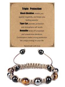 1PC Triple Protection Bracelet, Tigers Eye Black Obsidian And Hematite Beads Bracelet For Men Women,Handmade Crystal Healing Bracelets Bring Luck And Prosperity And Happiness - 1PC - View 7