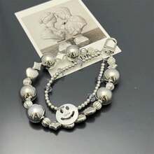 1件双链银珠心形水晶串珠手机挂饰，精美手机配件 - 銀色笑臉 - 查看 5