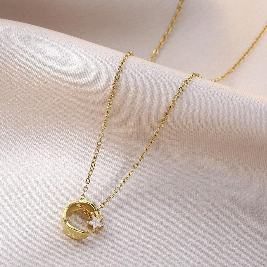 Dây chuyền mặt trăng và sao bằng thép titan mạ vàng, đính đá Cubic Zirconia, sang trọng và thanh lịch, trang sức năm mới, thích hợp làm quà cưới, quà tặng lãng mạn, hoặc đeo hàng ngày. - Nhiều màu - Xem 1