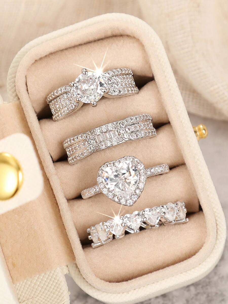 4 Pcs Fashion Cubic Zirconia Rings With Box For Women For Wedding Engagement Anniversary Party Jewelry Valentine's Day Gift - 1# - View 1