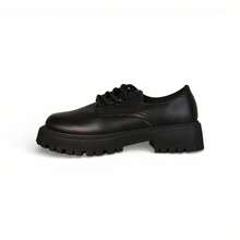 Black Synthetic Suede Derby Shoes With Laces And Thick Chunky Sole, Comfortable And Versatile Women's Urban Footwear For Everyday Use - 黑色 - 查看 2