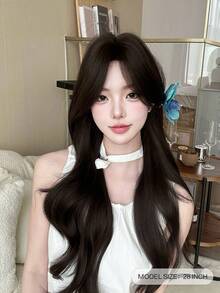 alicegarden 1. 合成耐热长卷发，中分假发，中等分缝，棕色，日常佩戴自然柔顺逼真假发（不含配件） - Black-brown - 查看 3