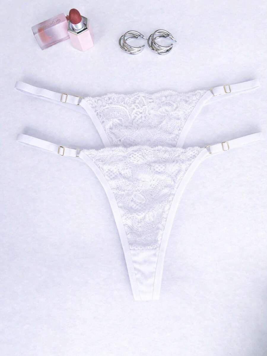 Kit com 2 Calcinhas de Renda com Regulagem Extremamente Sexy Fio Dental Duplo Sensual de Renda Lingerie Feminina Moda Intima Atacado - Branco - Visão 1