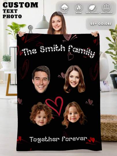 1pc Customized Flannel Blanket, Personalize With Your Own Photo And Text, Also Available For Customizing Family/Pet/Couple Names, Personalized Design, Suitable For Bed, Living Room, Sofa, Outdoor, Beach, Camping, Pets, Ideal Gift For Christmas, Mother's Day, Father's Day, Valentine's Day, Easter, Halloween, Wedding, Home, Birthday, Friends, Women, Parents And More