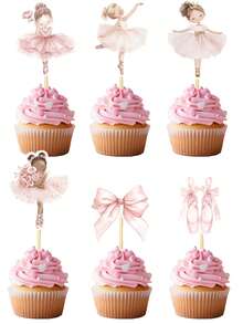 24PCS Blush Pink Ballerina Cupcake Toppers Ballet Dancer Party Decorations,Bow Tie Watercolor Swan Lake Birthday Cupcake Toppers,Tutu Cute Bachelorette Wedding Party Decorations,Pink Bow Cake Smash Photo Props - Ballerina Cupcake Toppers - View 2