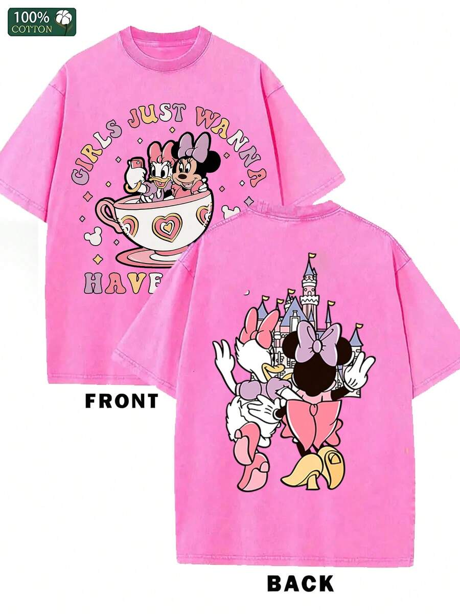 [Disney Licensed] 1 Piece, Plus Size, Unisex, Pure Cotton - "The Backs Of Six Disney Princesses, Suitable For Everyday Casual Wear, Disney Park Photo Shoots, And As A Core Design Element In Children's And Parent-Child Clothing Series." 100% Pure Cotton T-Shirt Design, Unisex Adult Casual Short-Sleeved T-Shirt, Machine Washable, Perfect For Disney Fans And Couples To Wear At Disney Parks. - 粉色 - 查看 1