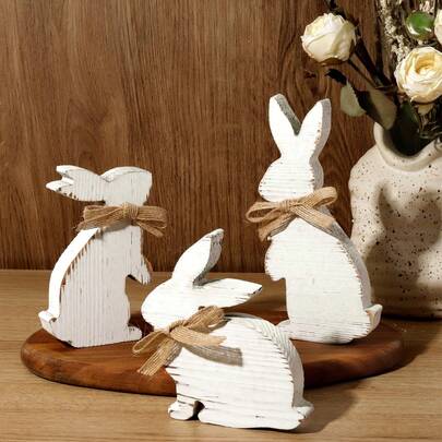 3pcs Vintage White Washed Wooden Easter Bunny Figurines With Burlap Bow, Farmhouse Style Desktop Decor, Suitable For Home, Farm House, Easter Gifts, Spring Rabbit Wooden Tabletop Decor, Multi-Tier Shelf Home Decor, Easter Decoration, Easter Bunny Dining Table Decor, Bunny Decor With Rope, Farmhouse Style Decor, Easter Party Decoration