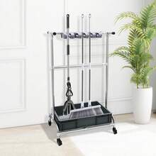 Mop Holder  Movable Floor-Mounted Mop Rack Mobile Cleaning Trolley - Silver - View 5