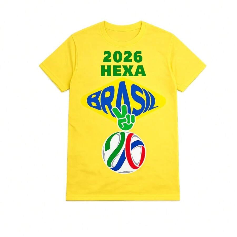 Camiseta Blusa Copa Brasil Rumo Ao Hexa Brasil 26 Estilosa 2026 Masculina Feminina Unissex100% Algodão  Promoção - Amarelo - Visão 1